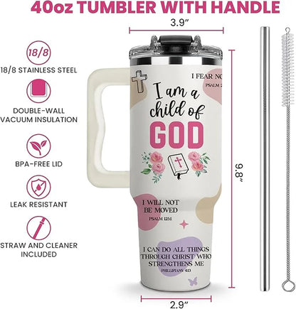 Christian Gifts for Women Faith Tumbler 40oz with Handle — I Am a Child of God Bible Verse Cup, Inspirational Spiritual Gift for Her