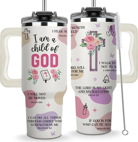 Christian Gifts for Women Faith Tumbler 40oz with Handle — I Am a Child of God Bible Verse Cup, Inspirational Spiritual Gift for Her