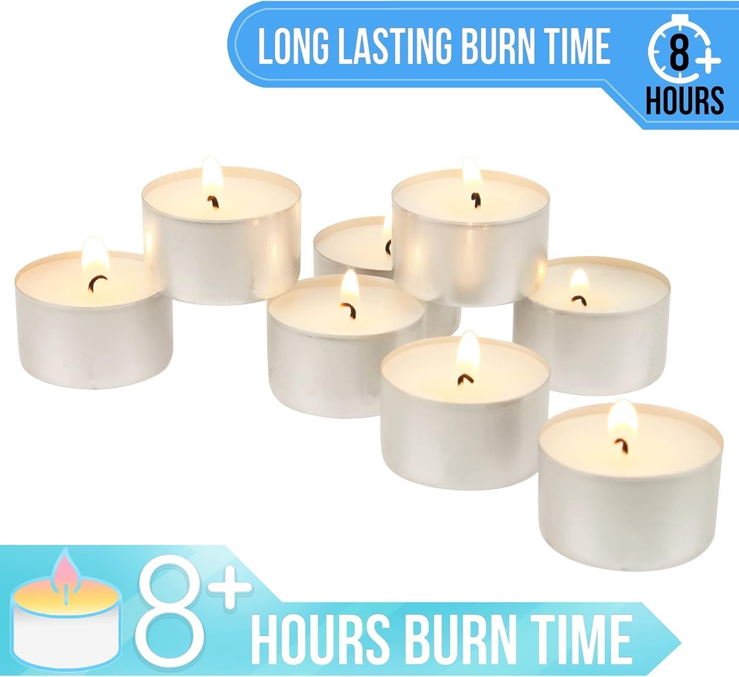 White Unscented Smokeless Long Burning Tea Light Candles with 8 Hour Burn Time, 200 Count