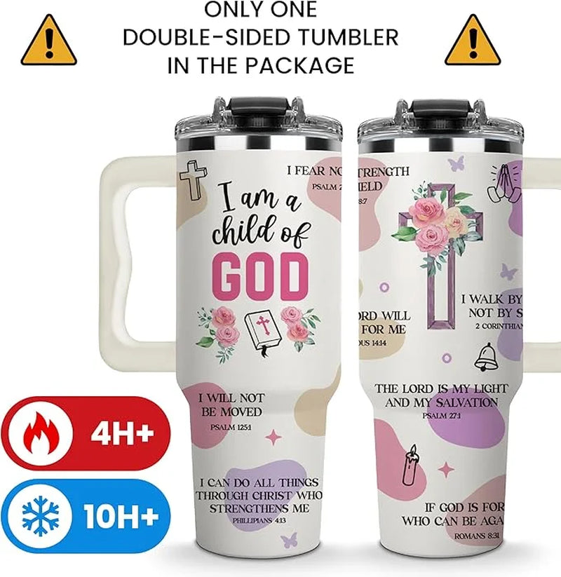 Christian Gifts for Women Faith Tumbler 40oz with Handle — I Am a Child of God Bible Verse Cup, Inspirational Spiritual Gift for Her