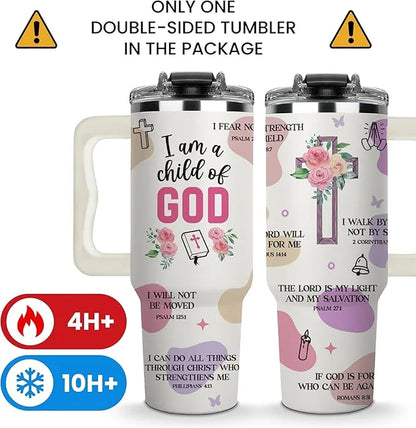 Christian Gifts for Women Faith Tumbler 40oz with Handle — I Am a Child of God Bible Verse Cup, Inspirational Spiritual Gift for Her