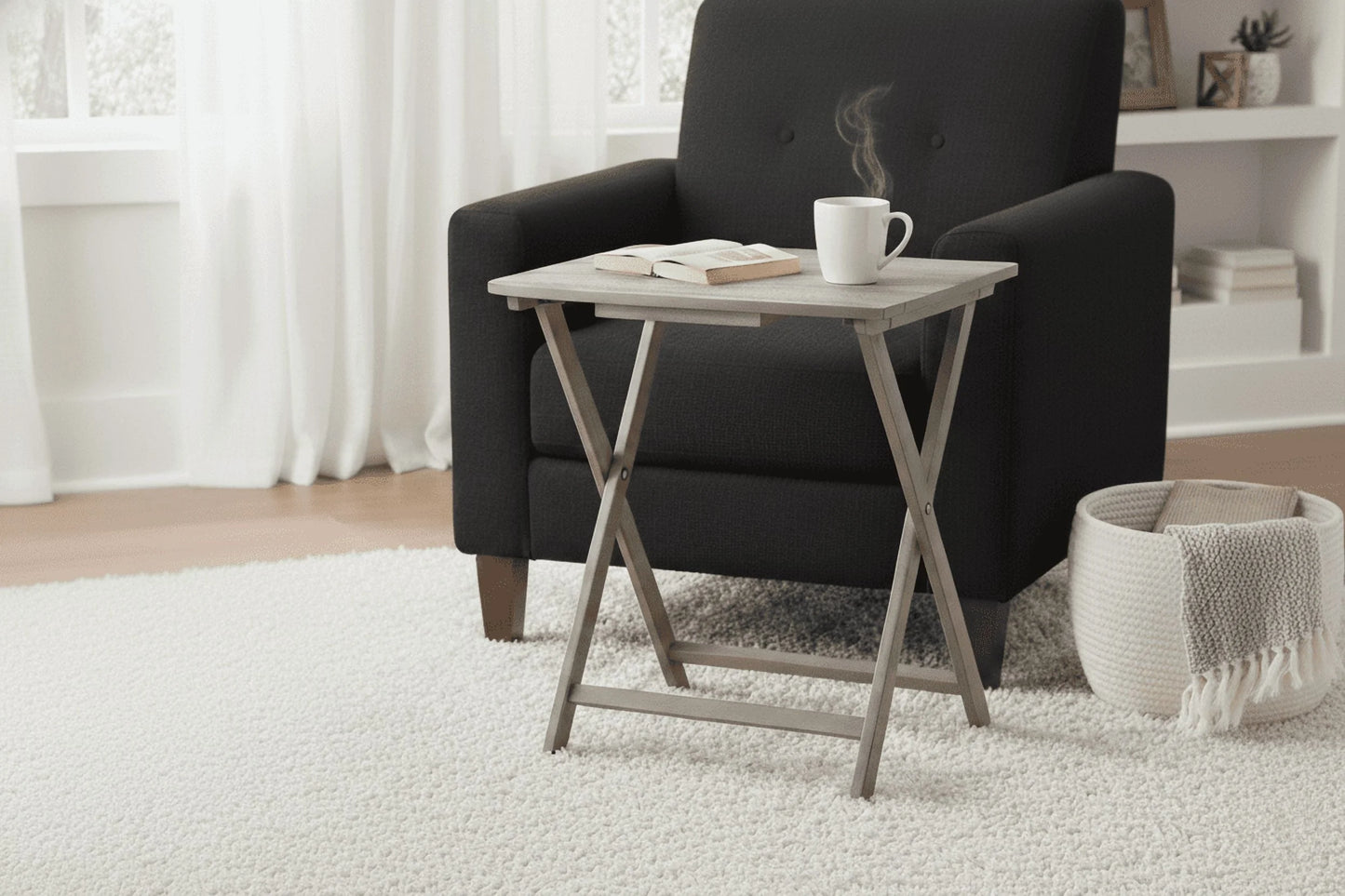 (2 Pack)  XL Oversized Rubberwood Folding TV Tray Table, Rustic Gray